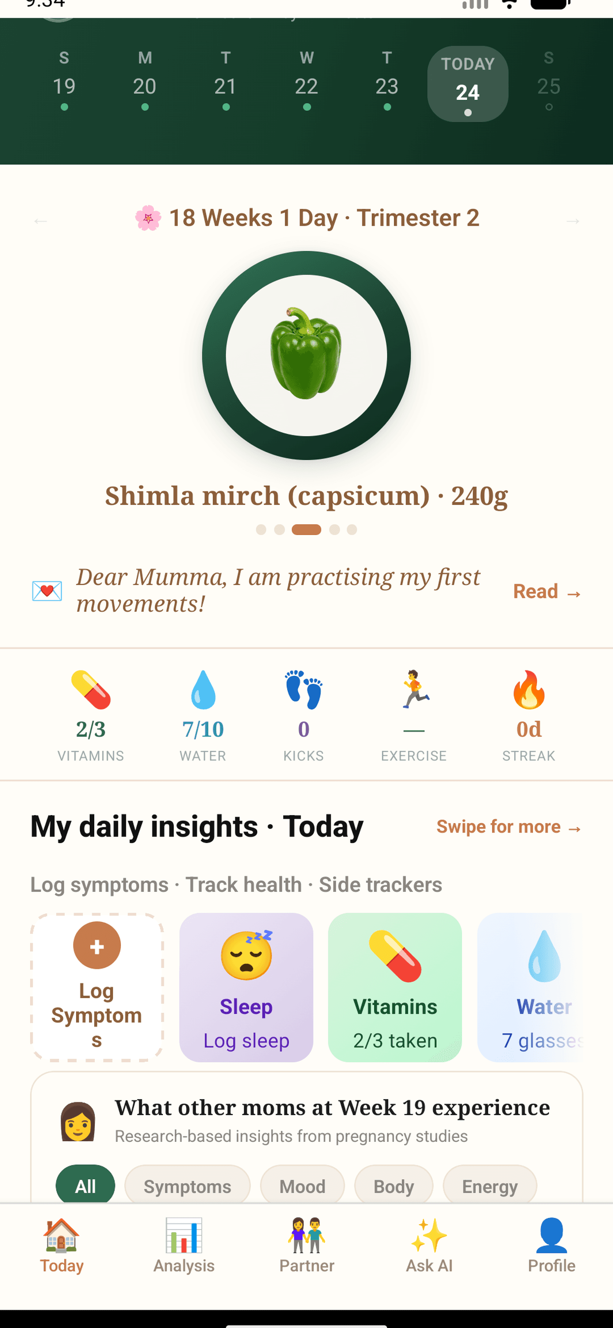 Seed to Six home screen — pregnancy tracker, weekly fruit size, and daily insights